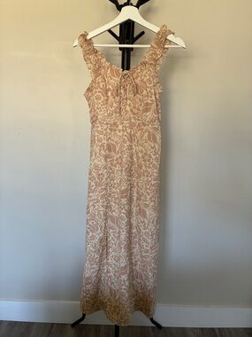 Japna Sweet Summer Dress with Smocking | S | Tan and White